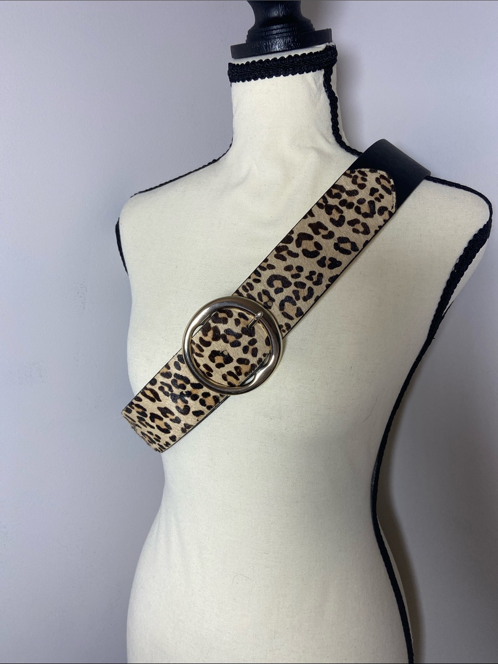 Chico's Leopard Print Wide Belt with Gold Ring Buckle sz M